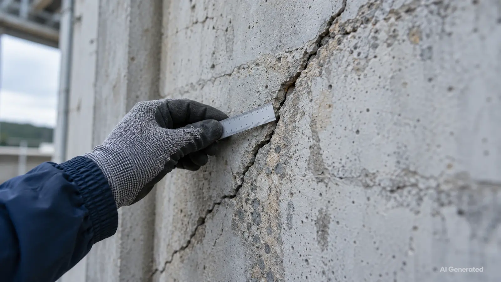 Fissure diagonale sur un mur en béton observée lors d’une inspection